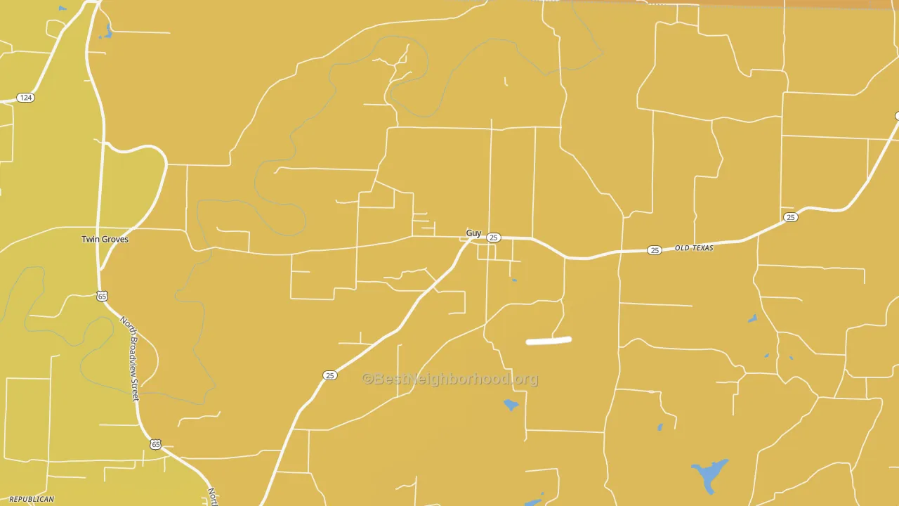 Map of the best neighborhoods in the Guy area, with better matches in green and worse matches in red