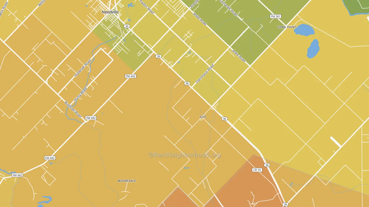 Map of the best neighborhoods in the Guy area, with better matches in green and worse matches in red