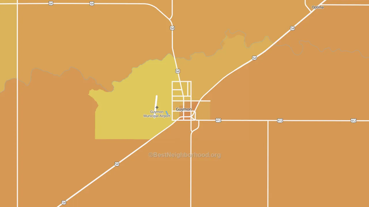 Map of the best neighborhoods in the Guymon area, with better matches in green and worse matches in red