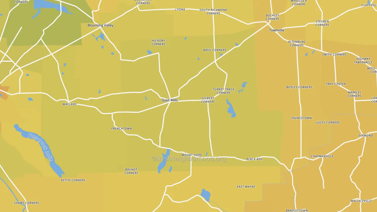 Map of the best neighborhoods in the Guys Mills area, with better matches in green and worse matches in red
