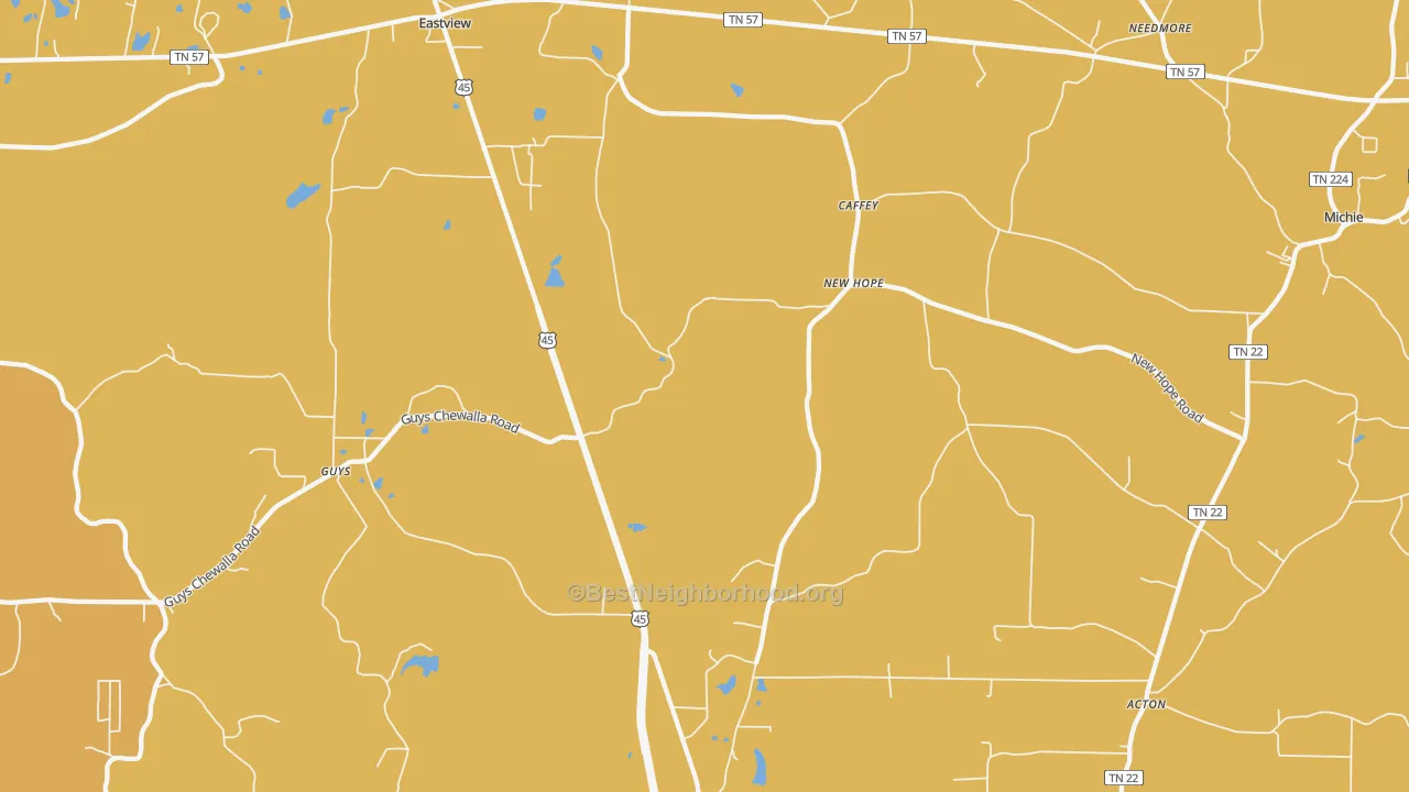 Map of the best neighborhoods in the Guys area, with better matches in green and worse matches in red