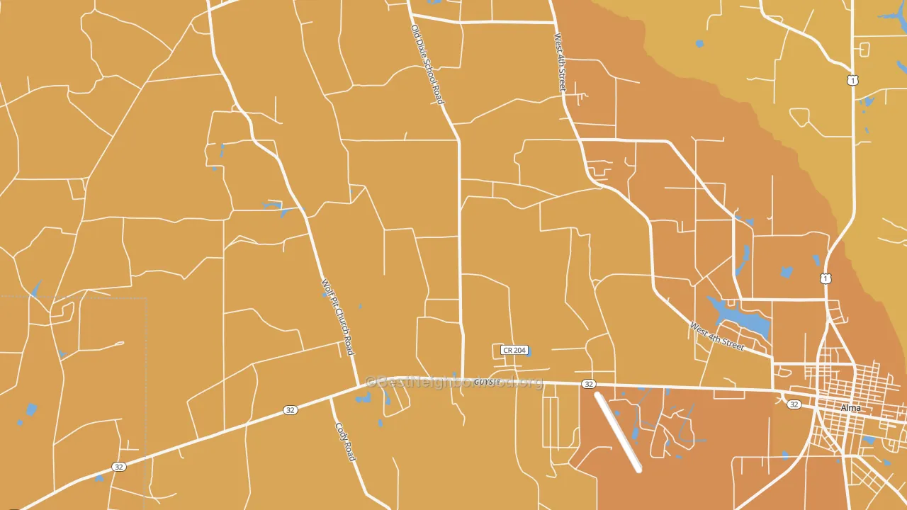 Map of the best neighborhoods in the Guysie area, with better matches in green and worse matches in red