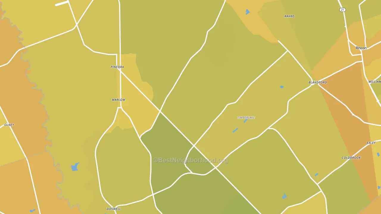 Map of the best neighborhoods in the Guyton area, with better matches in green and worse matches in red