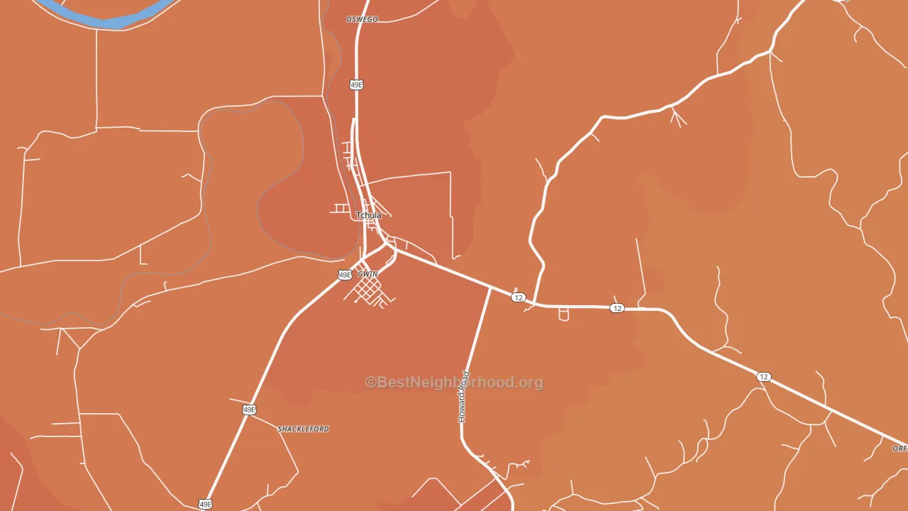 Map of the best neighborhoods in the Gwin area, with better matches in green and worse matches in red