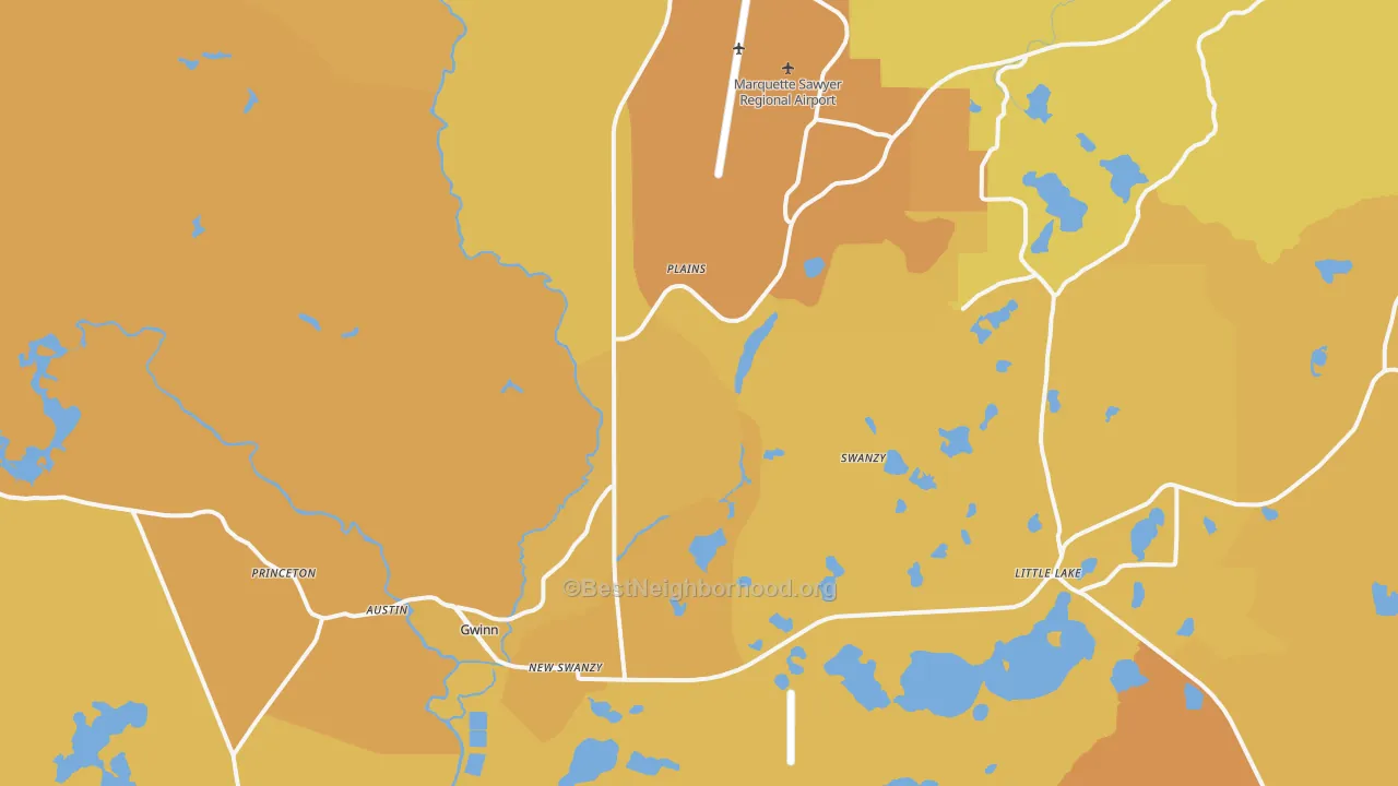 Map of the best neighborhoods in the Gwinn area, with better matches in green and worse matches in red