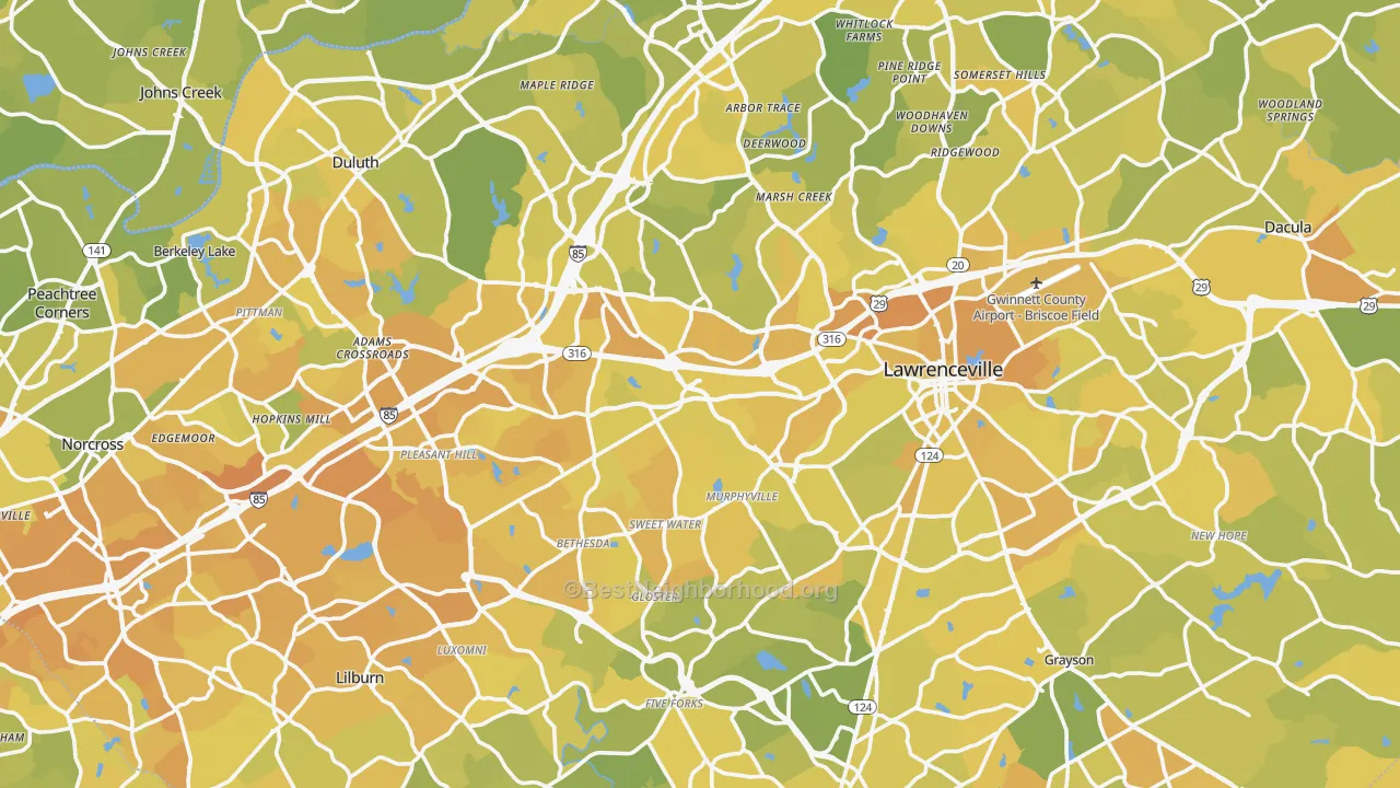 Map of the best neighborhoods in the Gwinnett County area, with better matches in green and worse matches in red