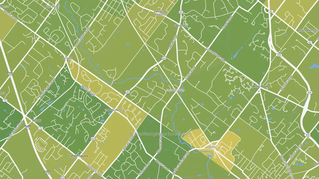 Map of the best neighborhoods in the Gwynedd Valley area, with better matches in green and worse matches in red