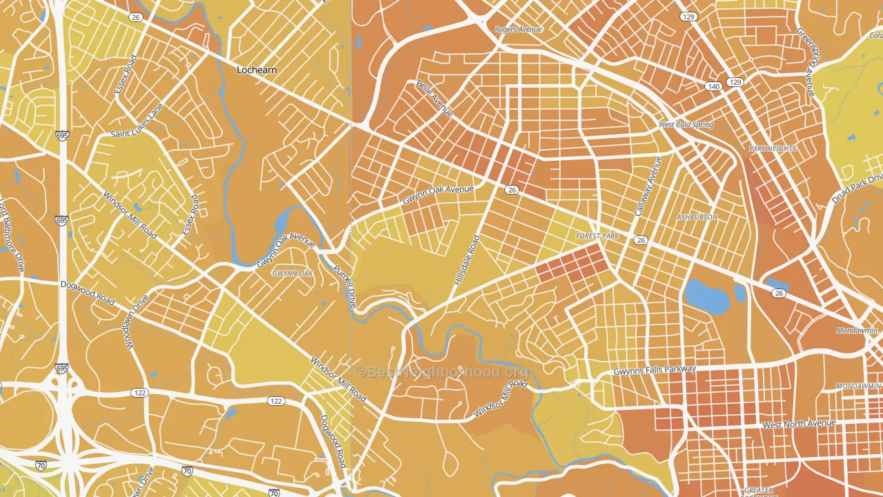 Map of the best neighborhoods in the Gwynn Oak area, with better matches in green and worse matches in red