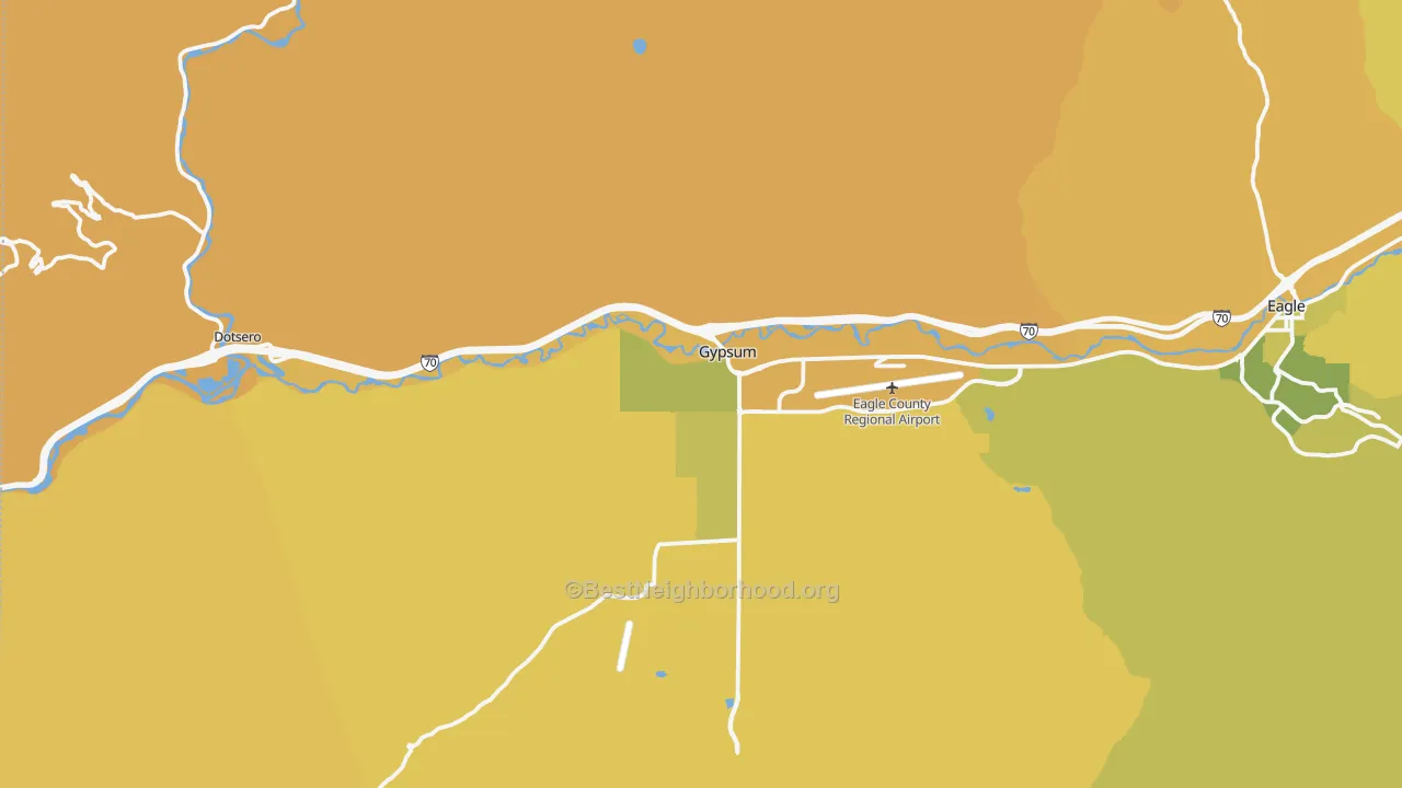 Map of the best neighborhoods in the Gypsum area, with better matches in green and worse matches in red