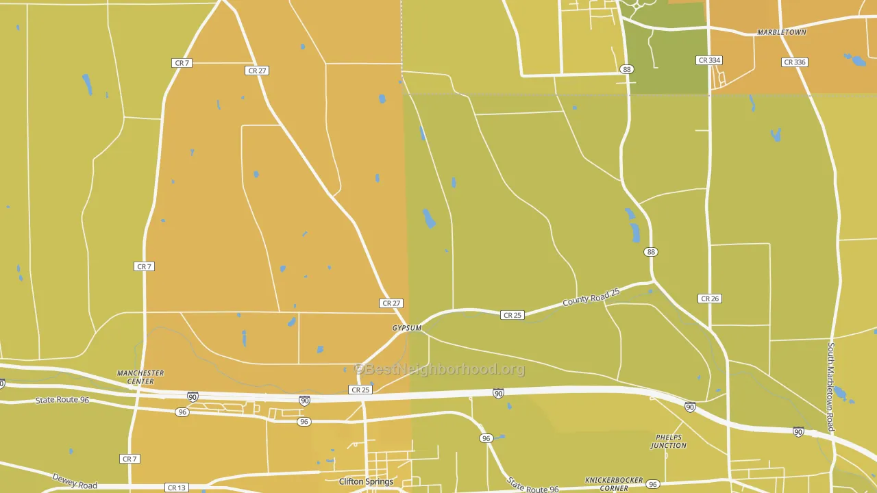 Map of the best neighborhoods in the Gypsum area, with better matches in green and worse matches in red