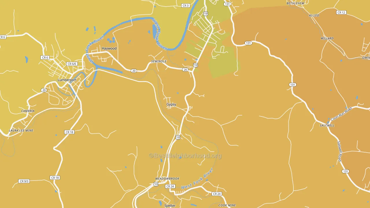 Map of the best neighborhoods in the Gypsy area, with better matches in green and worse matches in red