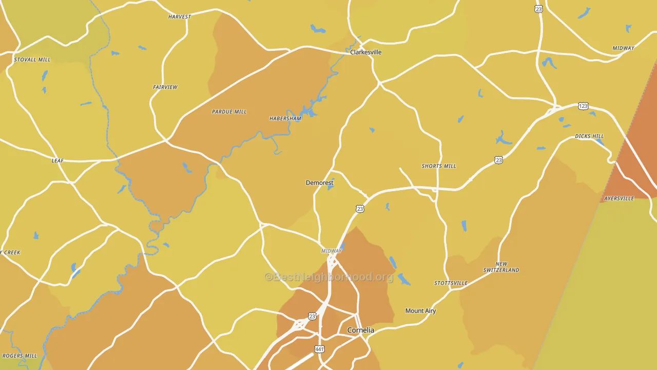 Map of the best neighborhoods in the Habersham County area, with better matches in green and worse matches in red