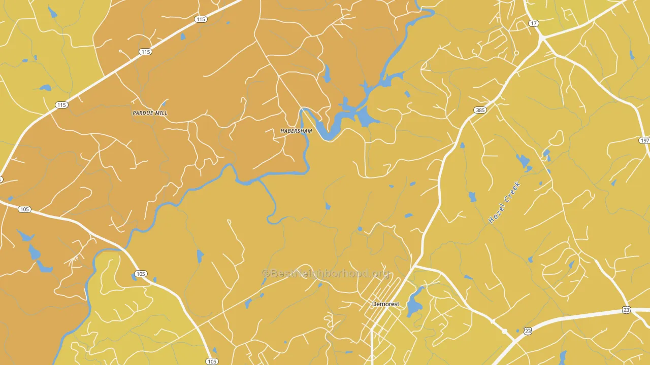Map of the best neighborhoods in the Habersham area, with better matches in green and worse matches in red