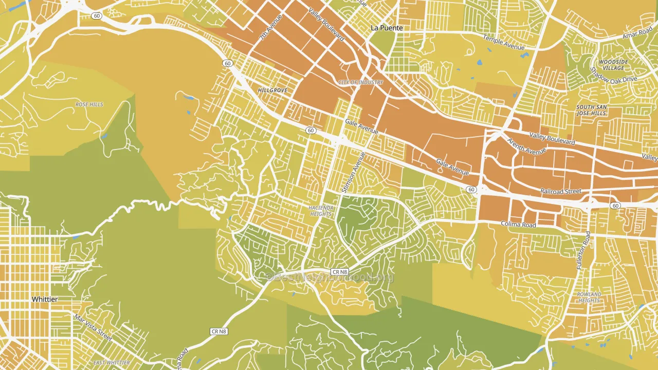 Map of the best neighborhoods in the Hacienda Heights area, with better matches in green and worse matches in red