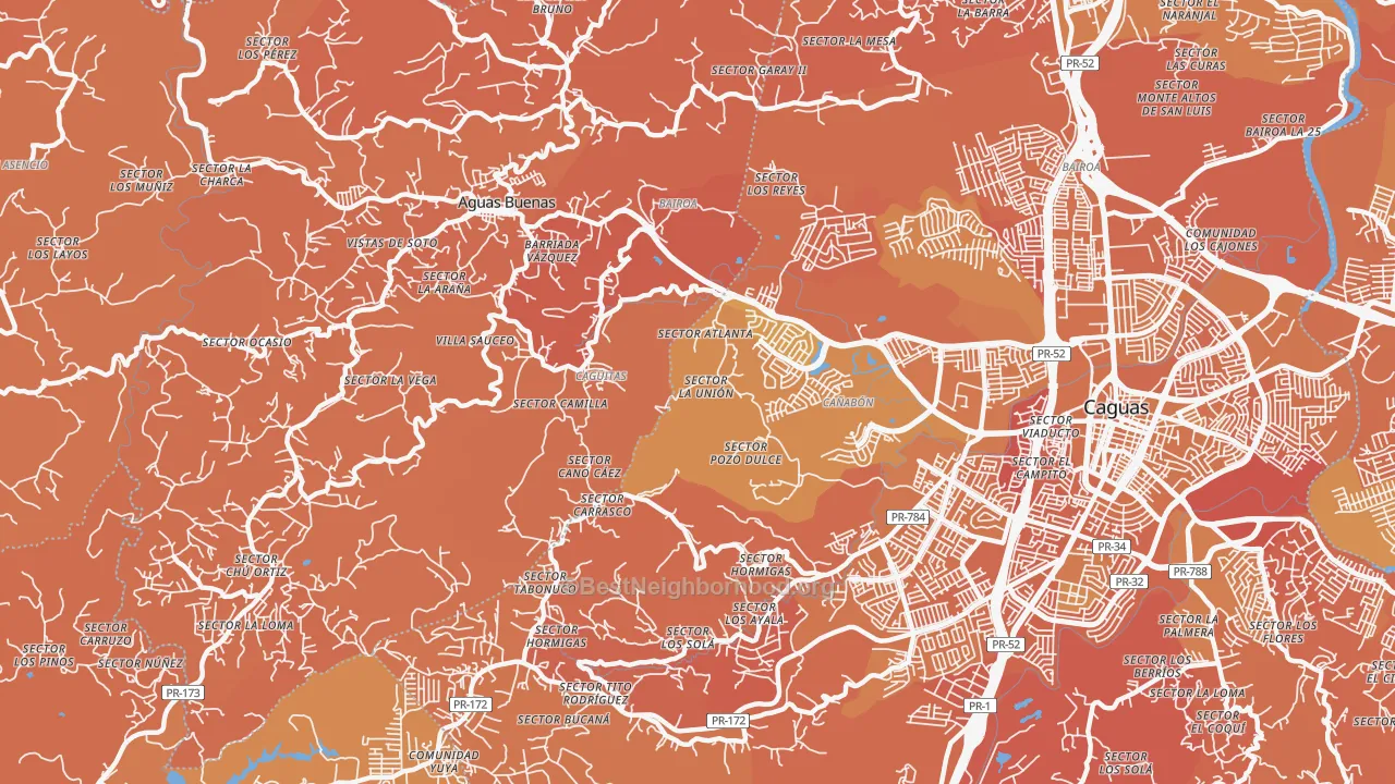 Map of the best neighborhoods in the Hacienda San Jose area, with better matches in green and worse matches in red