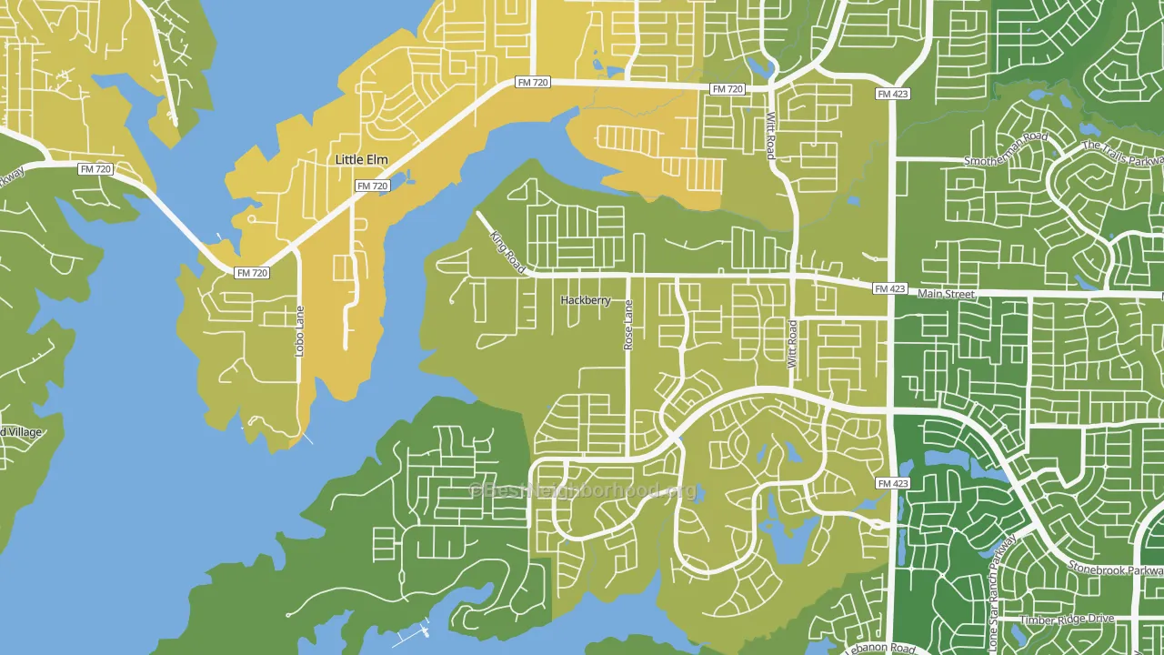 Map of the best neighborhoods in the Hackberry area, with better matches in green and worse matches in red