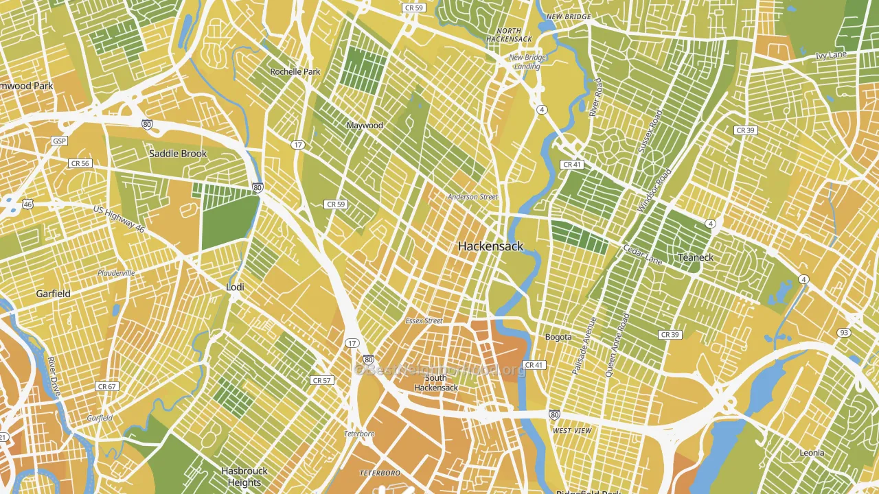 Map of the best neighborhoods in the Hackensack area, with better matches in green and worse matches in red