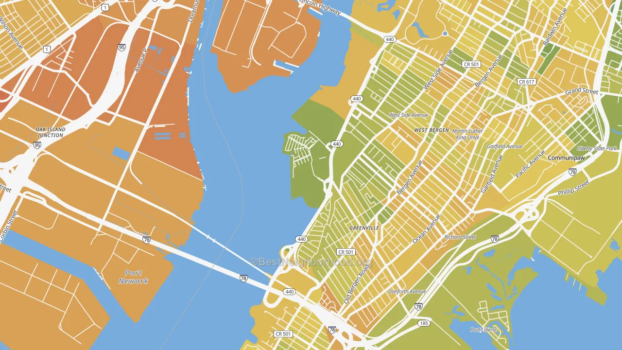 Map of the best neighborhoods in the Hackensack Riverfront, Jersey City area, with better matches in green and worse matches in red