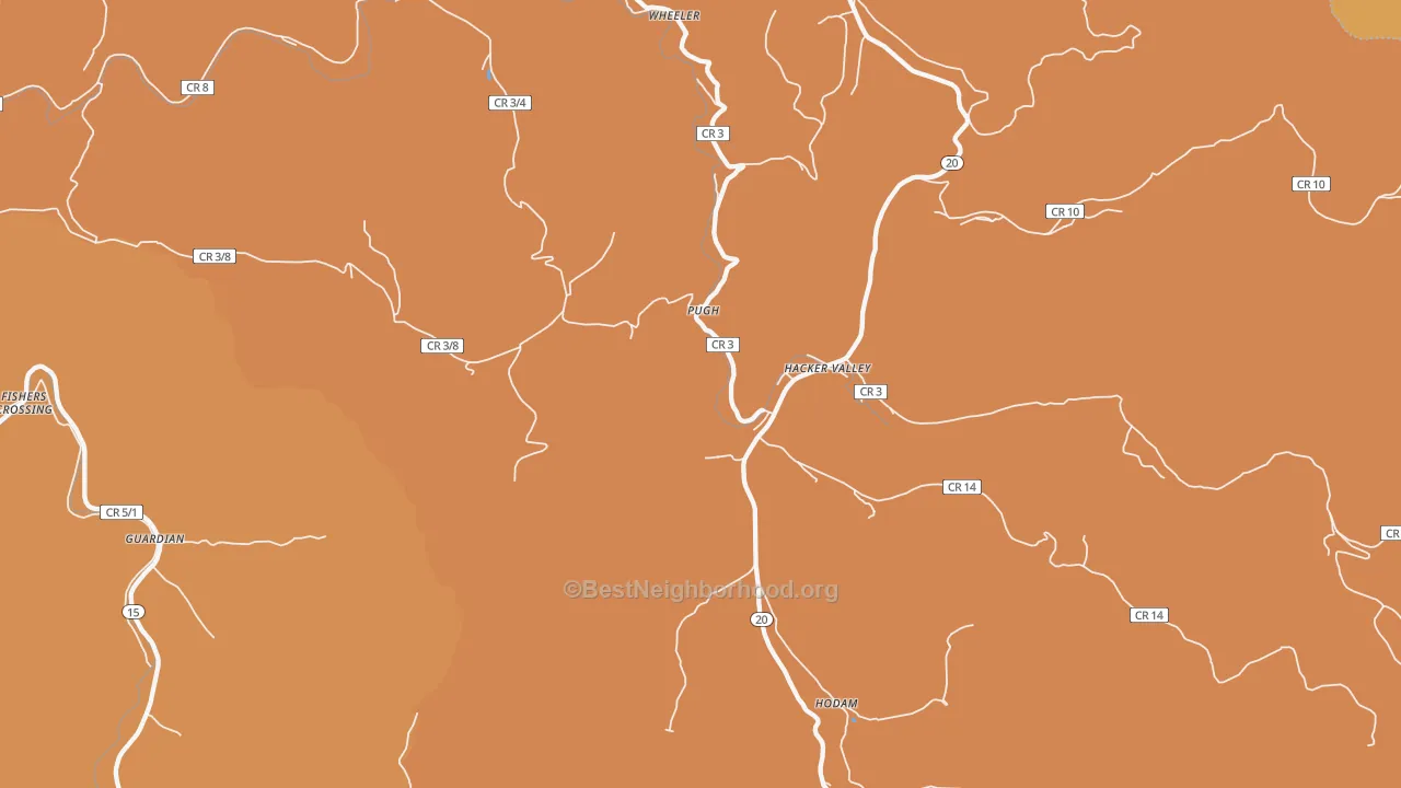 Map of the best neighborhoods in the Hacker Valley area, with better matches in green and worse matches in red