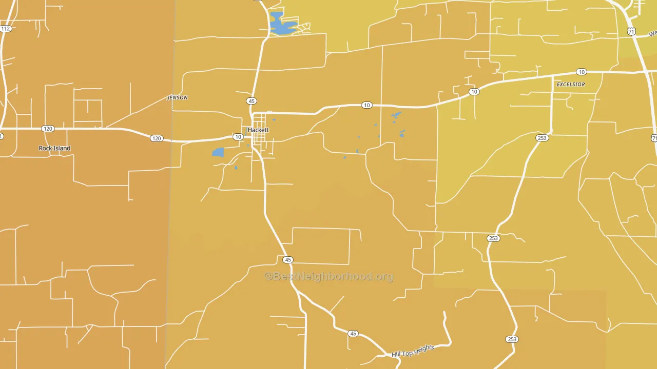 Map of the best neighborhoods in the Hackett area, with better matches in green and worse matches in red