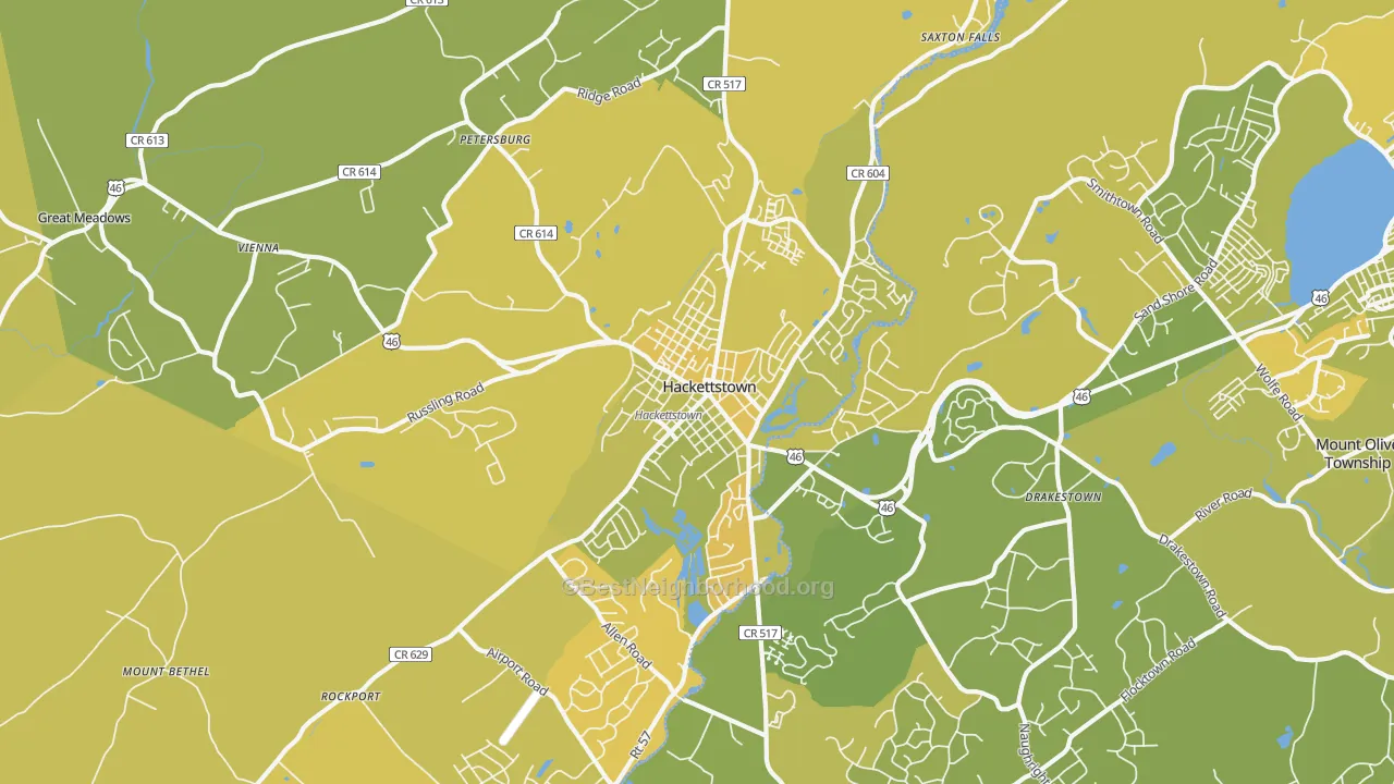 Map of the best neighborhoods in the Hackettstown area, with better matches in green and worse matches in red