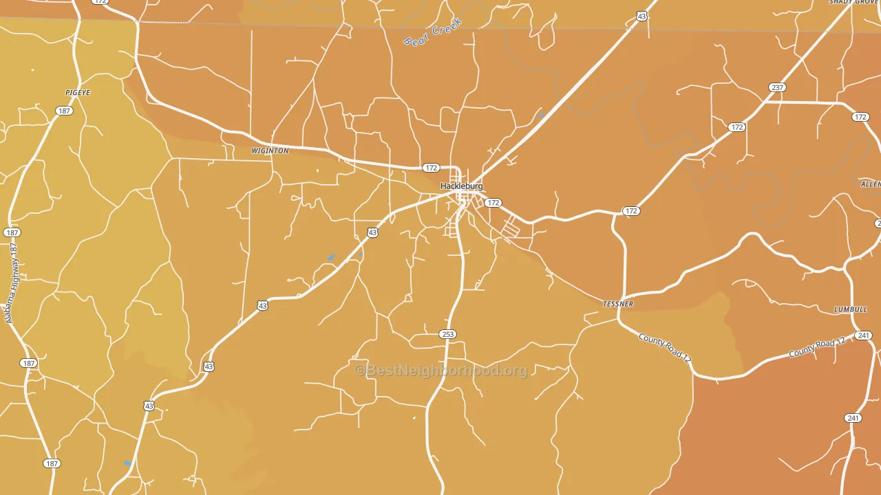Map of the best neighborhoods in the Hackleburg area, with better matches in green and worse matches in red