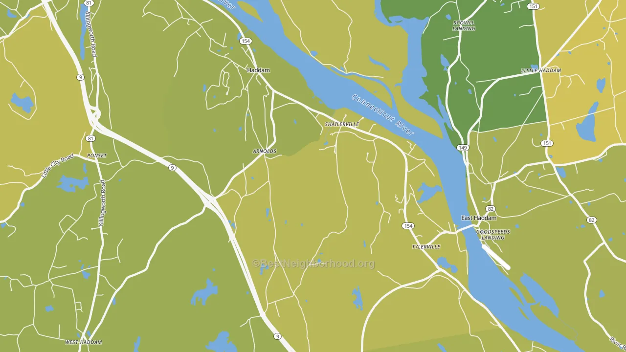 Map of the best neighborhoods in the Haddam area, with better matches in green and worse matches in red