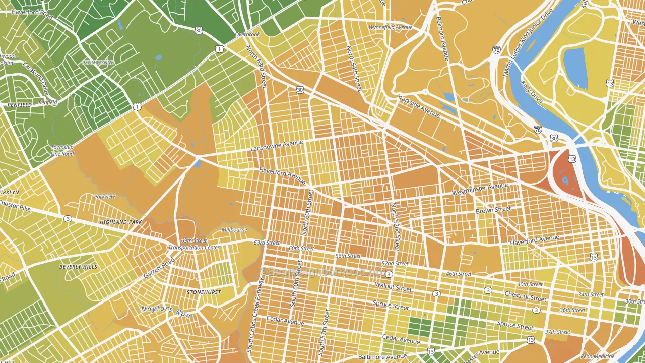 Map of the best neighborhoods in the Haddington-Carroll Park, Philadelphia area, with better matches in green and worse matches in red