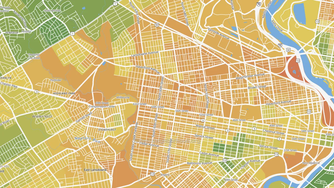 Map of the best neighborhoods in the Haddington, Philadelphia area, with better matches in green and worse matches in red