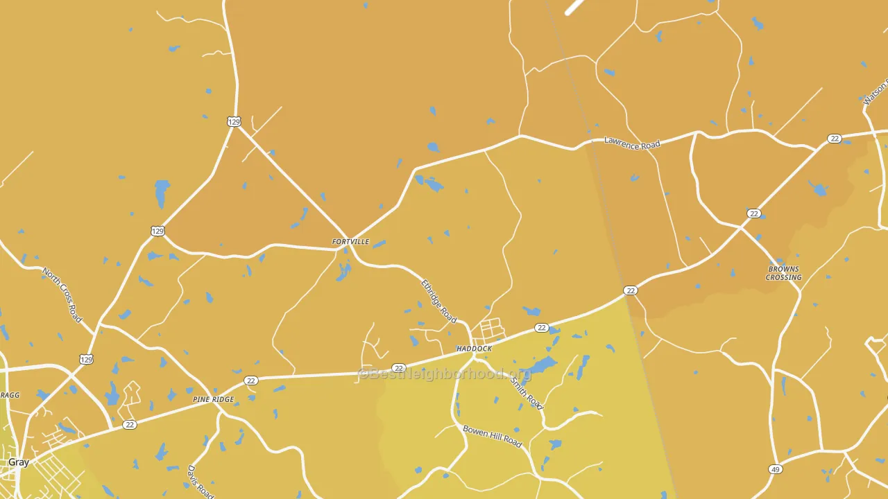 Map of the best neighborhoods in the Haddock area, with better matches in green and worse matches in red