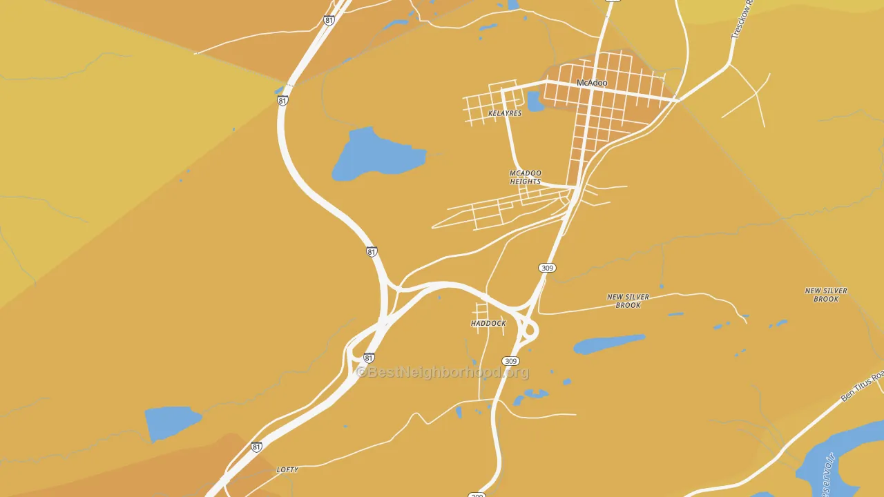 Map of the best neighborhoods in the Haddock area, with better matches in green and worse matches in red