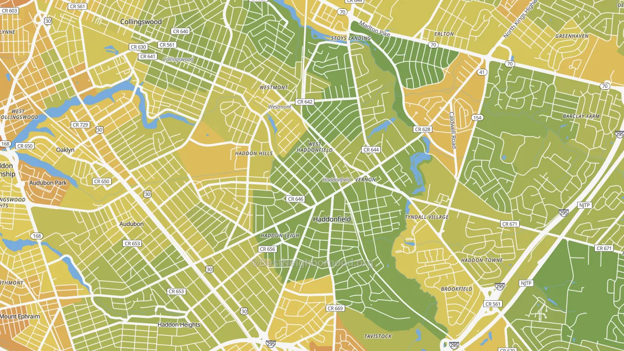 Map of the best neighborhoods in the Haddonfield area, with better matches in green and worse matches in red