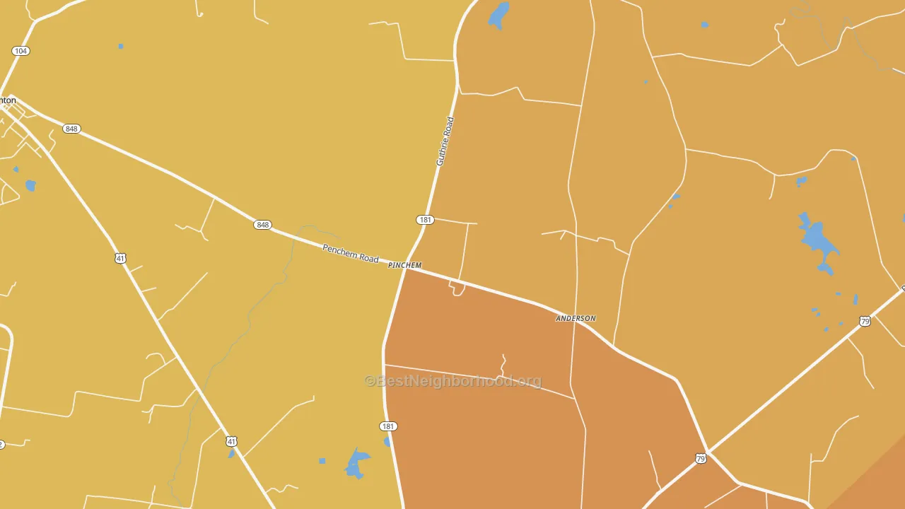 Map of the best neighborhoods in the Hadensville area, with better matches in green and worse matches in red