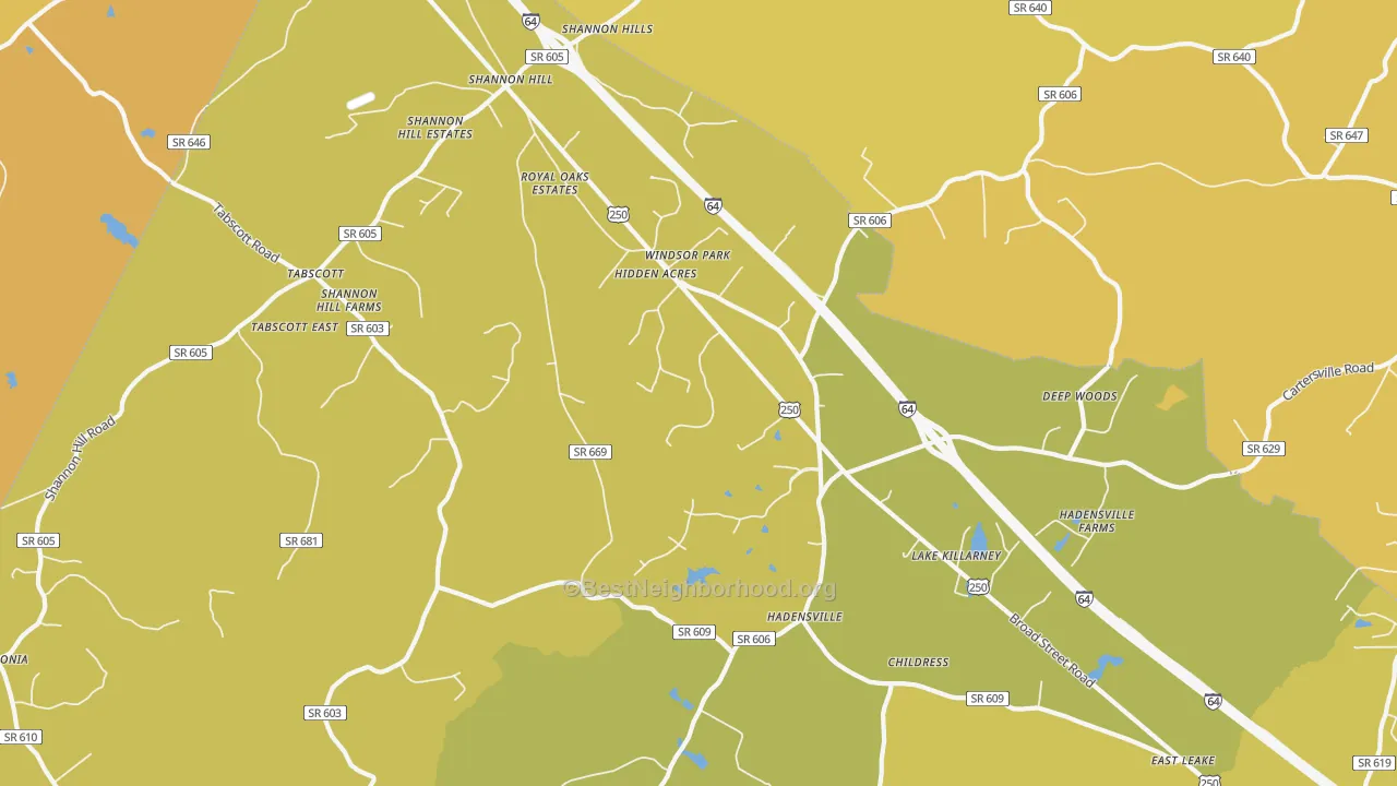 Map of the best neighborhoods in the Hadensville area, with better matches in green and worse matches in red