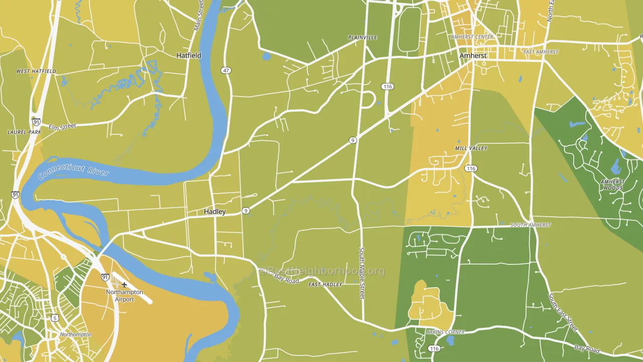 Map of the best neighborhoods in the Hadley area, with better matches in green and worse matches in red