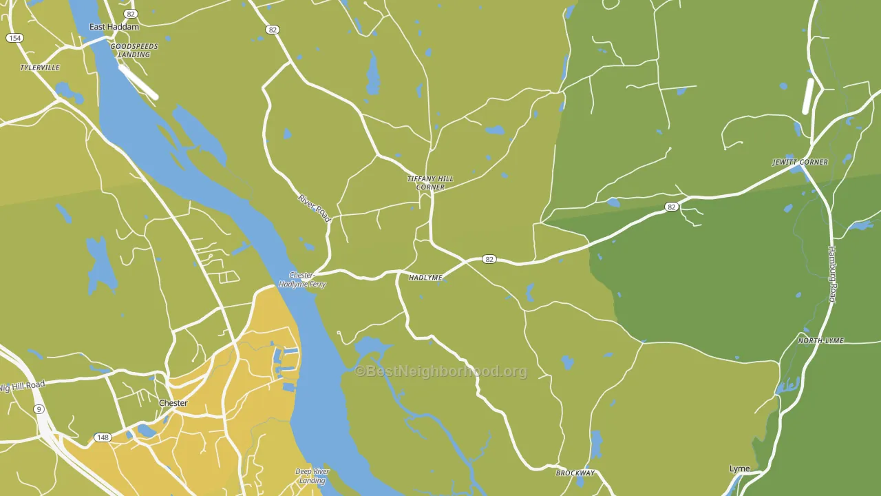 Map of the best neighborhoods in the Hadlyme area, with better matches in green and worse matches in red