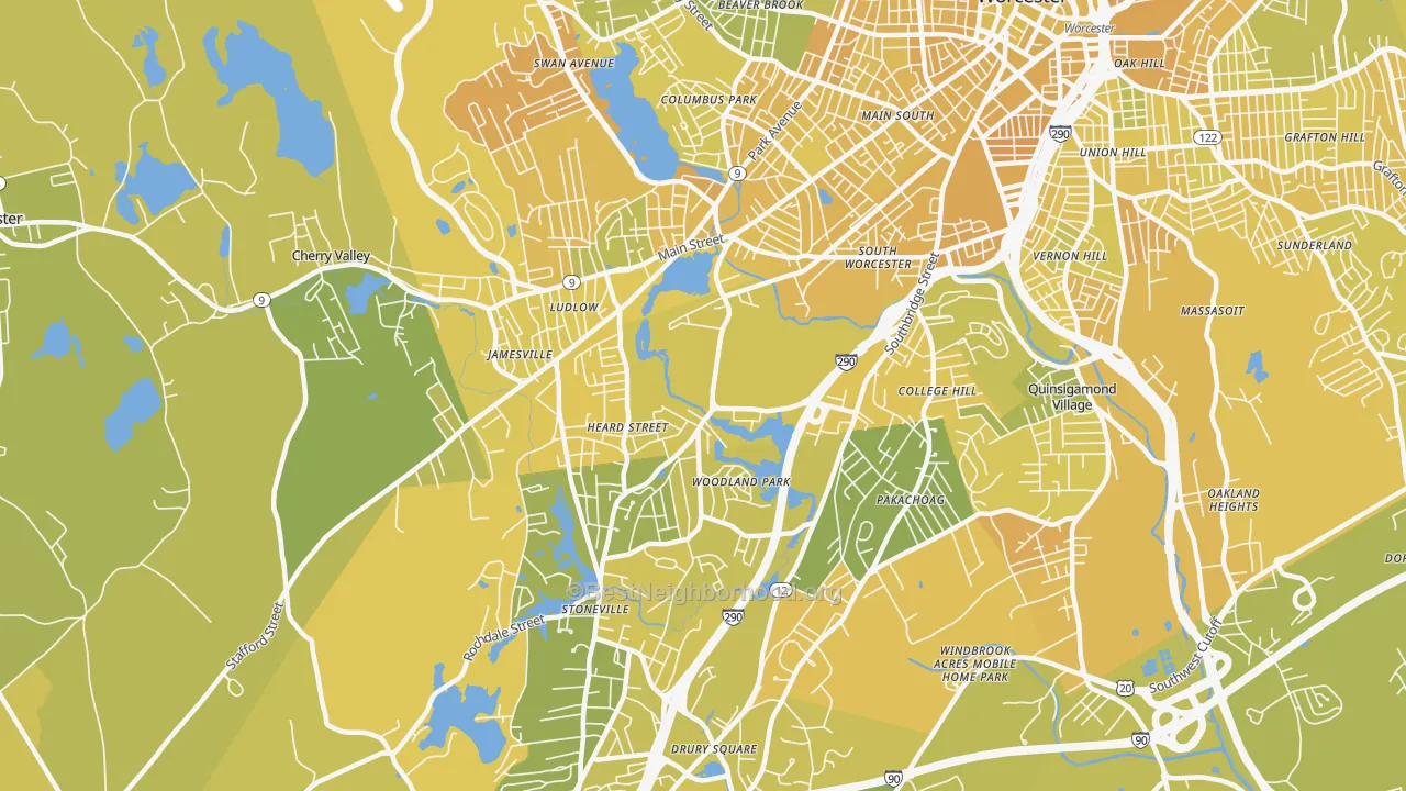 Map of the best neighborhoods in the Hadwen Park, Worcester area, with better matches in green and worse matches in red
