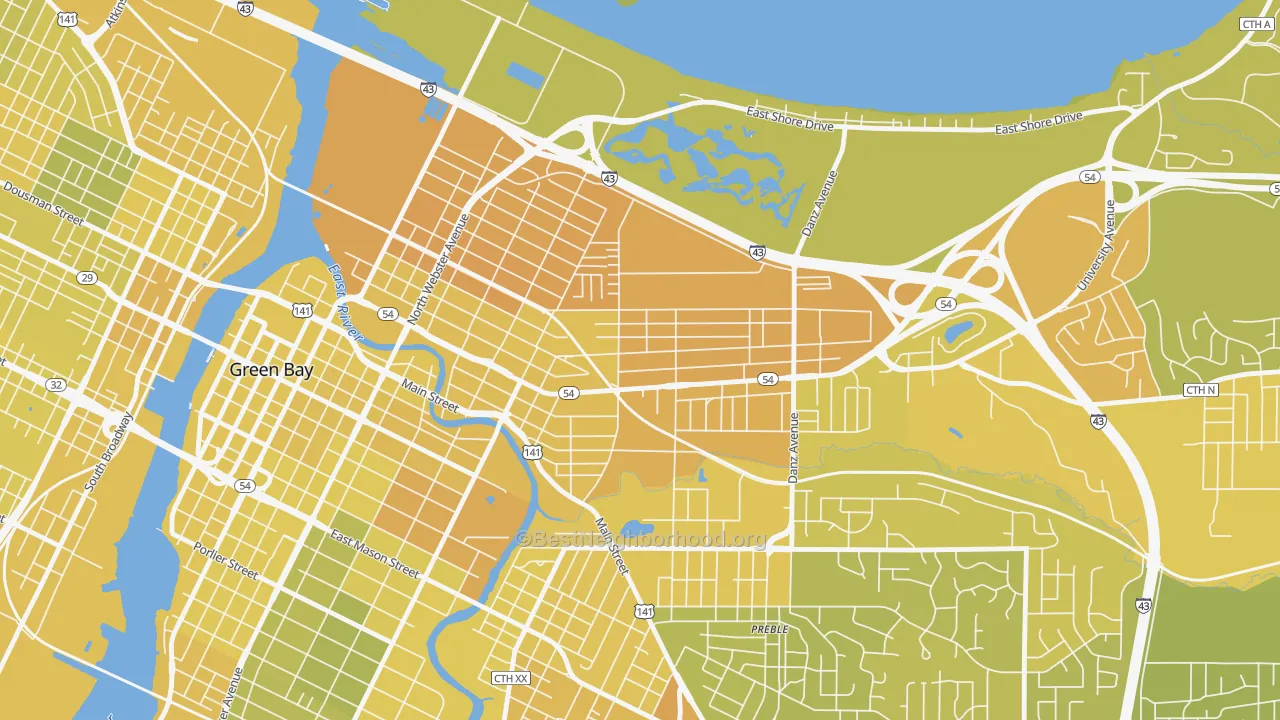 Map of the best neighborhoods in the Haevers Corners, Green Bay area, with better matches in green and worse matches in red