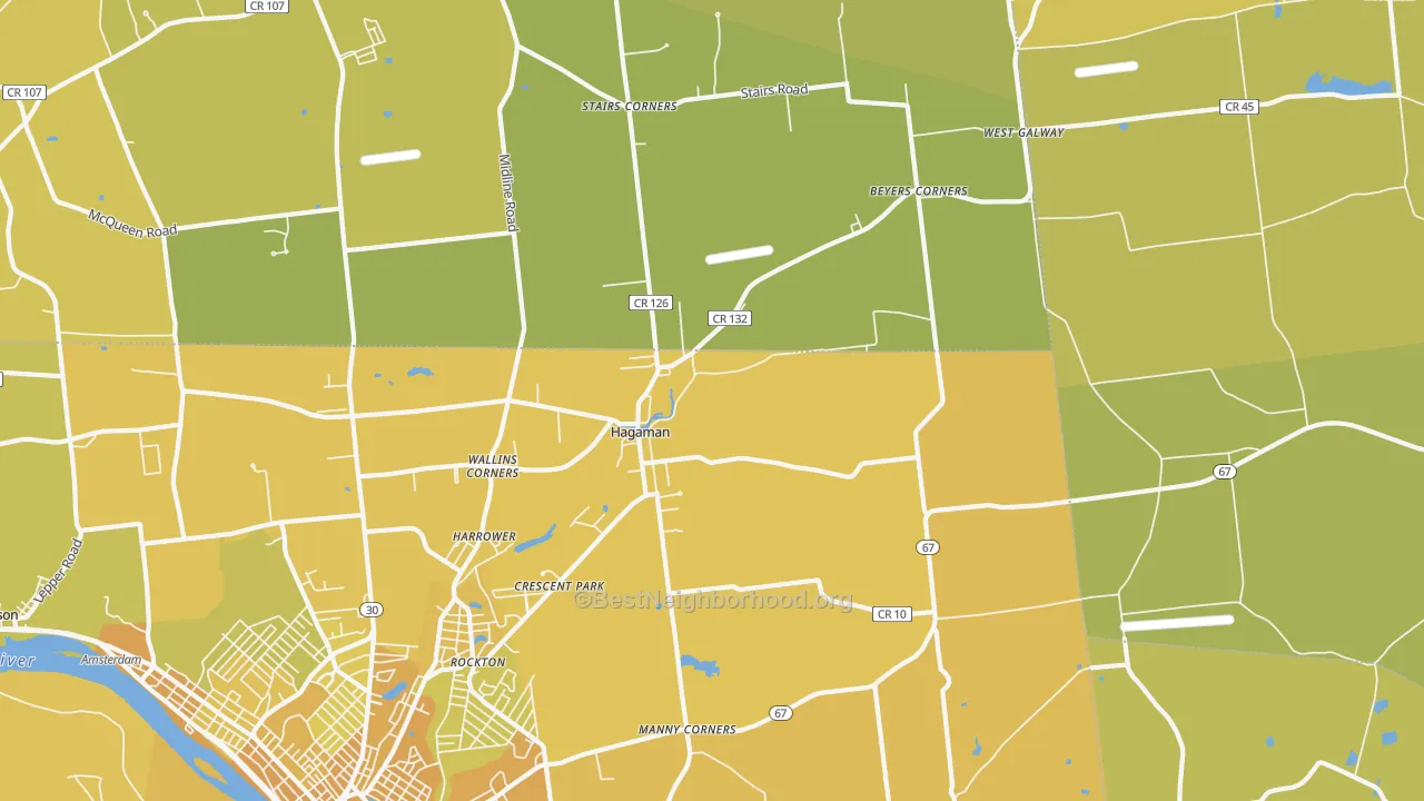 Map of the best neighborhoods in the Hagaman area, with better matches in green and worse matches in red