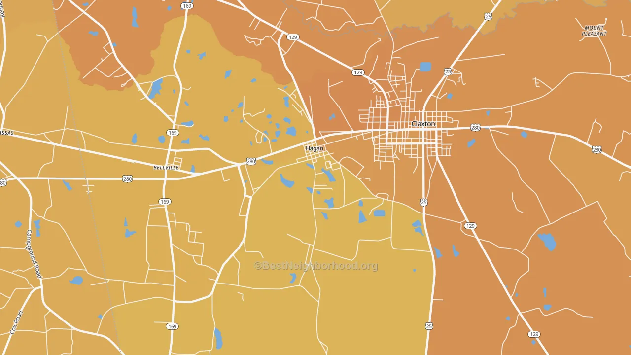 Map of the best neighborhoods in the Hagan area, with better matches in green and worse matches in red