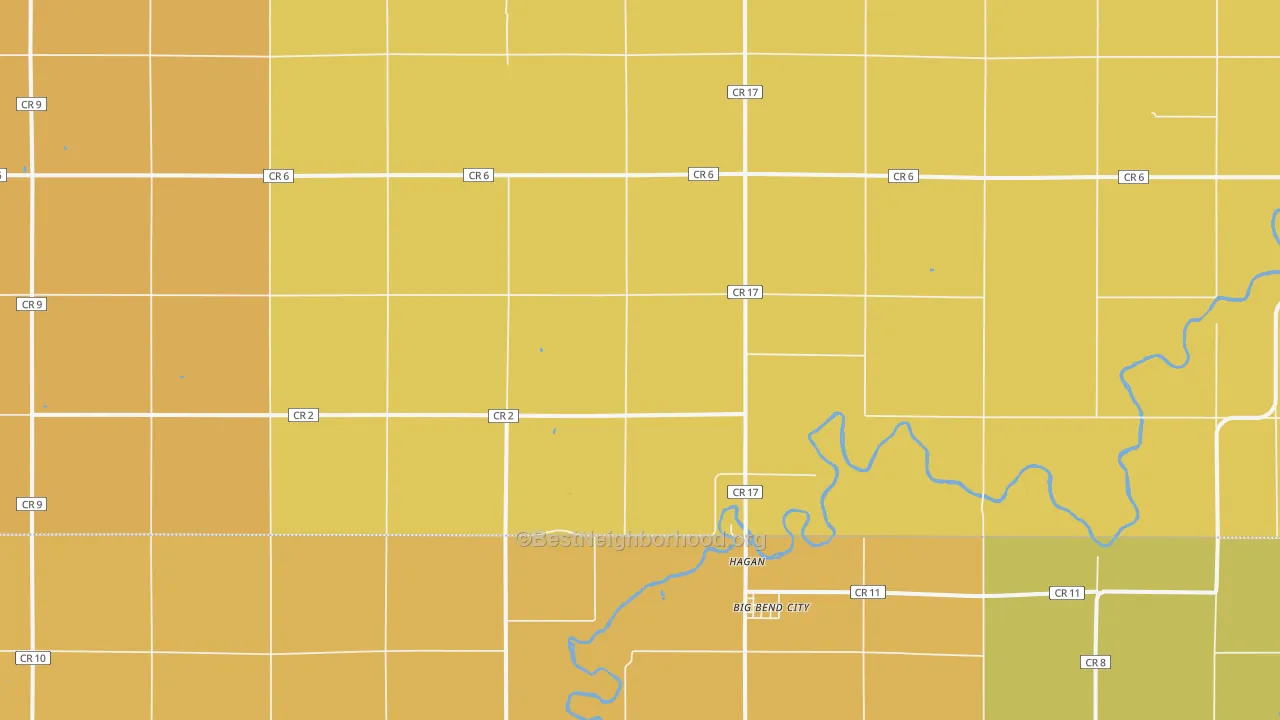 Map of the best neighborhoods in the Hagan area, with better matches in green and worse matches in red