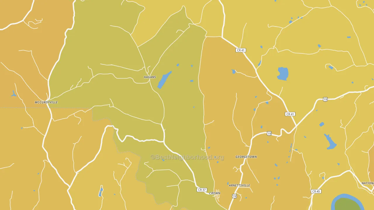 Map of the best neighborhoods in the Hagans area, with better matches in green and worse matches in red