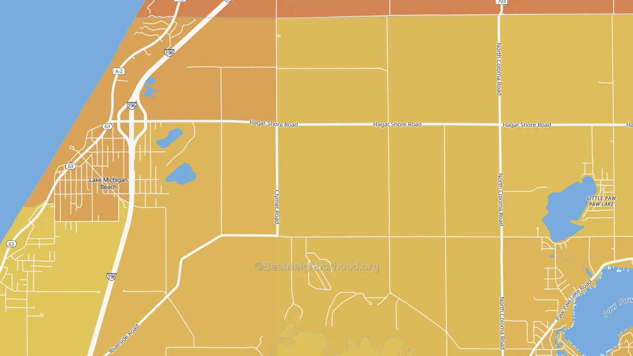Map of the best neighborhoods in the Hagar Shores area, with better matches in green and worse matches in red