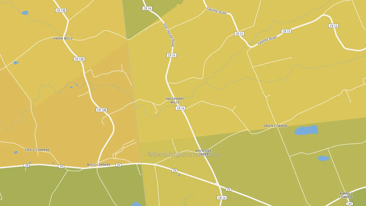 Map of the best neighborhoods in the Hagedorns Mills area, with better matches in green and worse matches in red