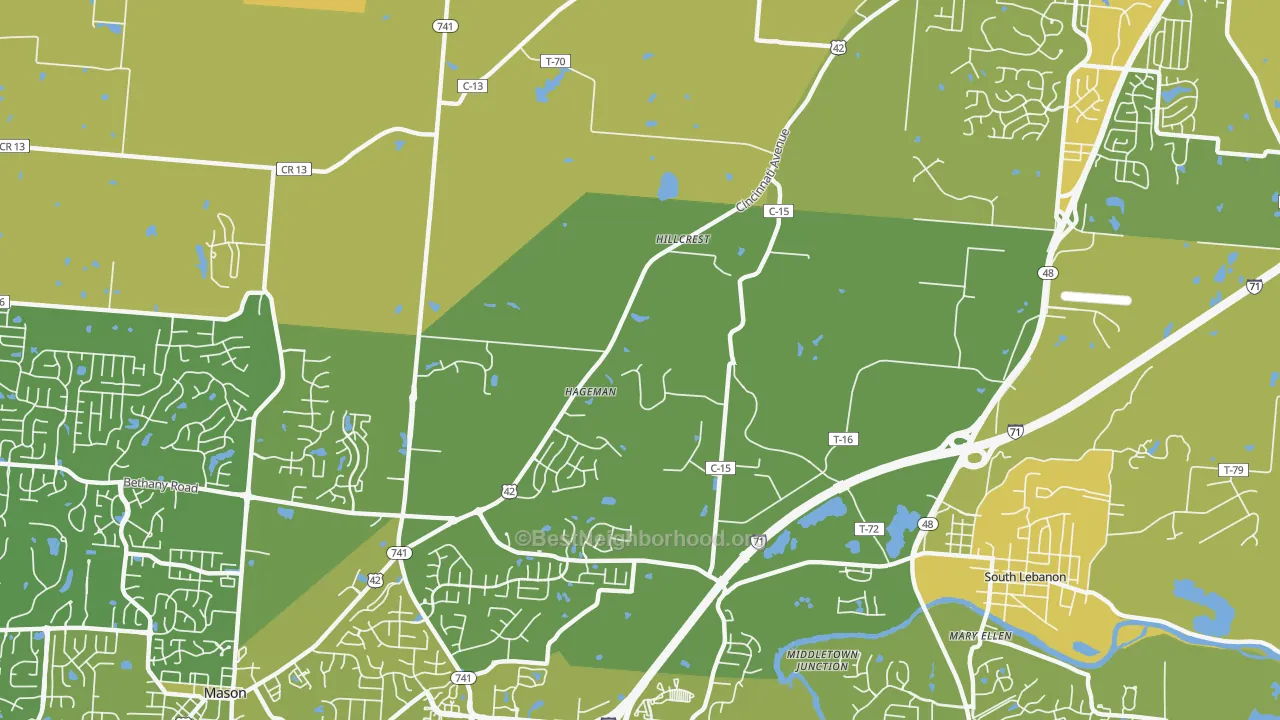 Map of the best neighborhoods in the Hageman area, with better matches in green and worse matches in red