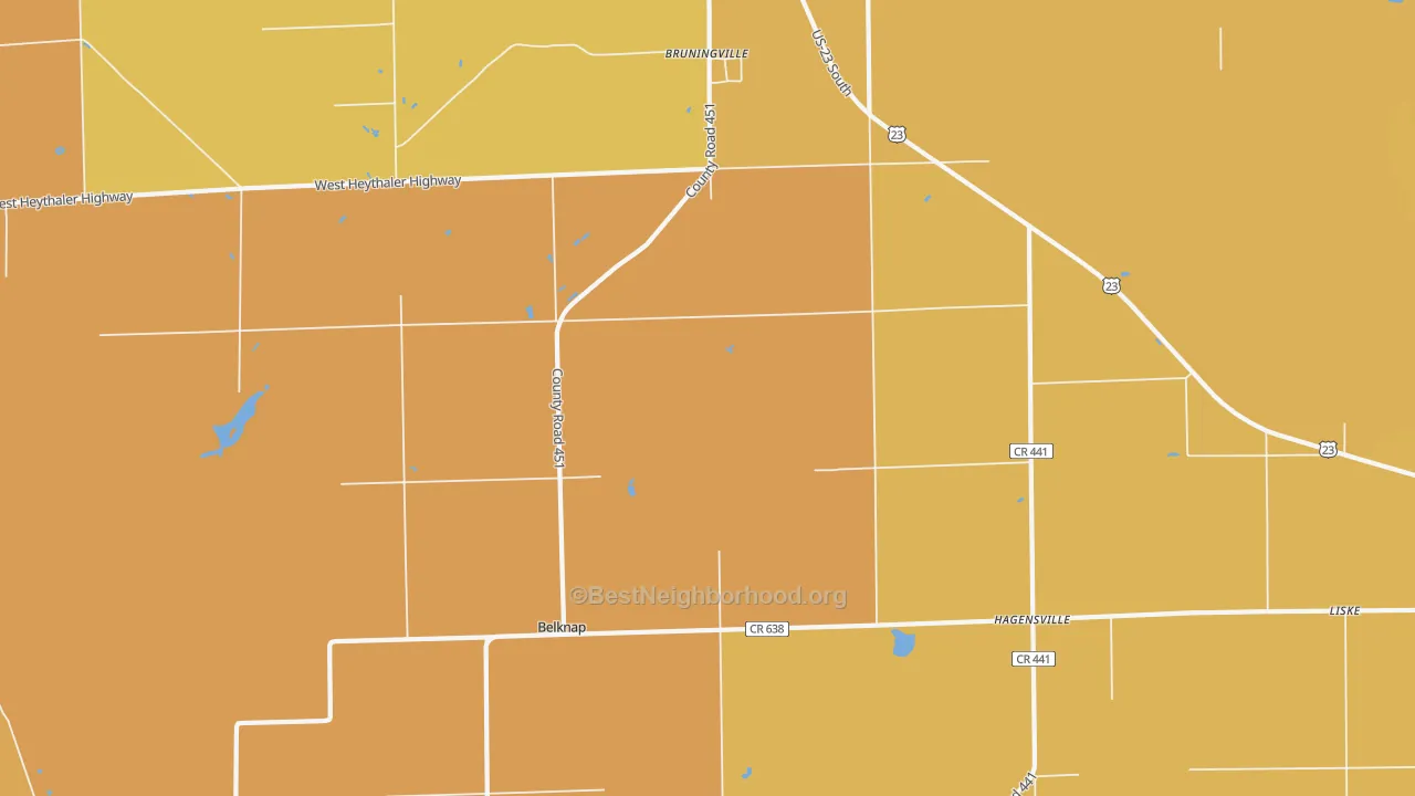 Map of the best neighborhoods in the Hagensville area, with better matches in green and worse matches in red