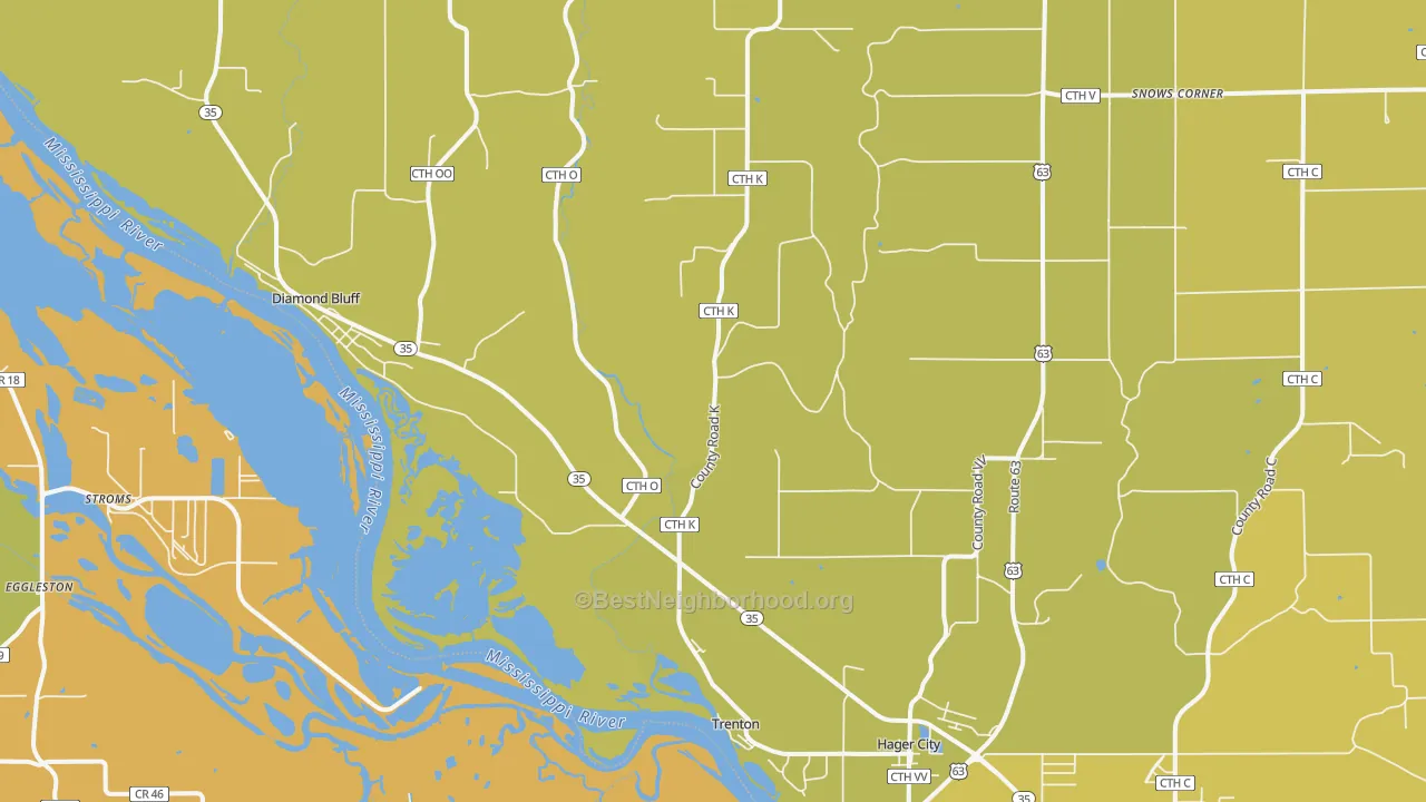 Map of the best neighborhoods in the Hager City area, with better matches in green and worse matches in red