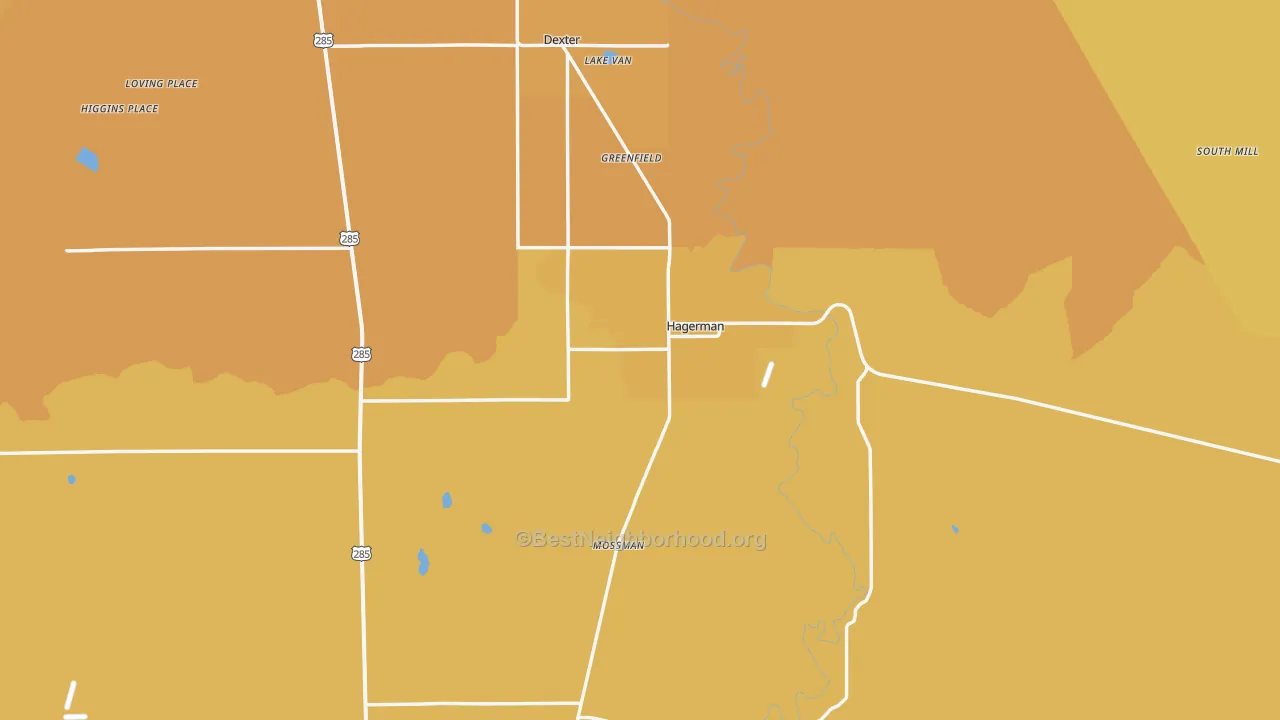 Map of the best neighborhoods in the Hagerman area, with better matches in green and worse matches in red