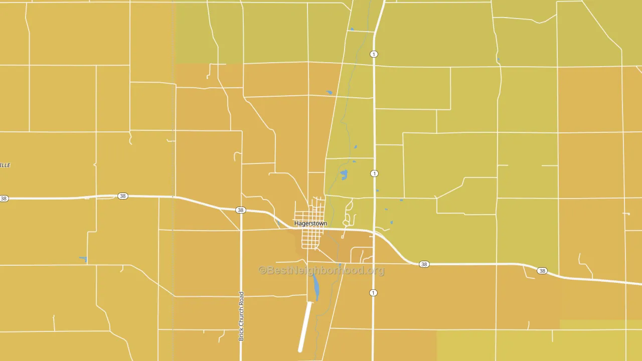Map of the best neighborhoods in the Hagerstown area, with better matches in green and worse matches in red