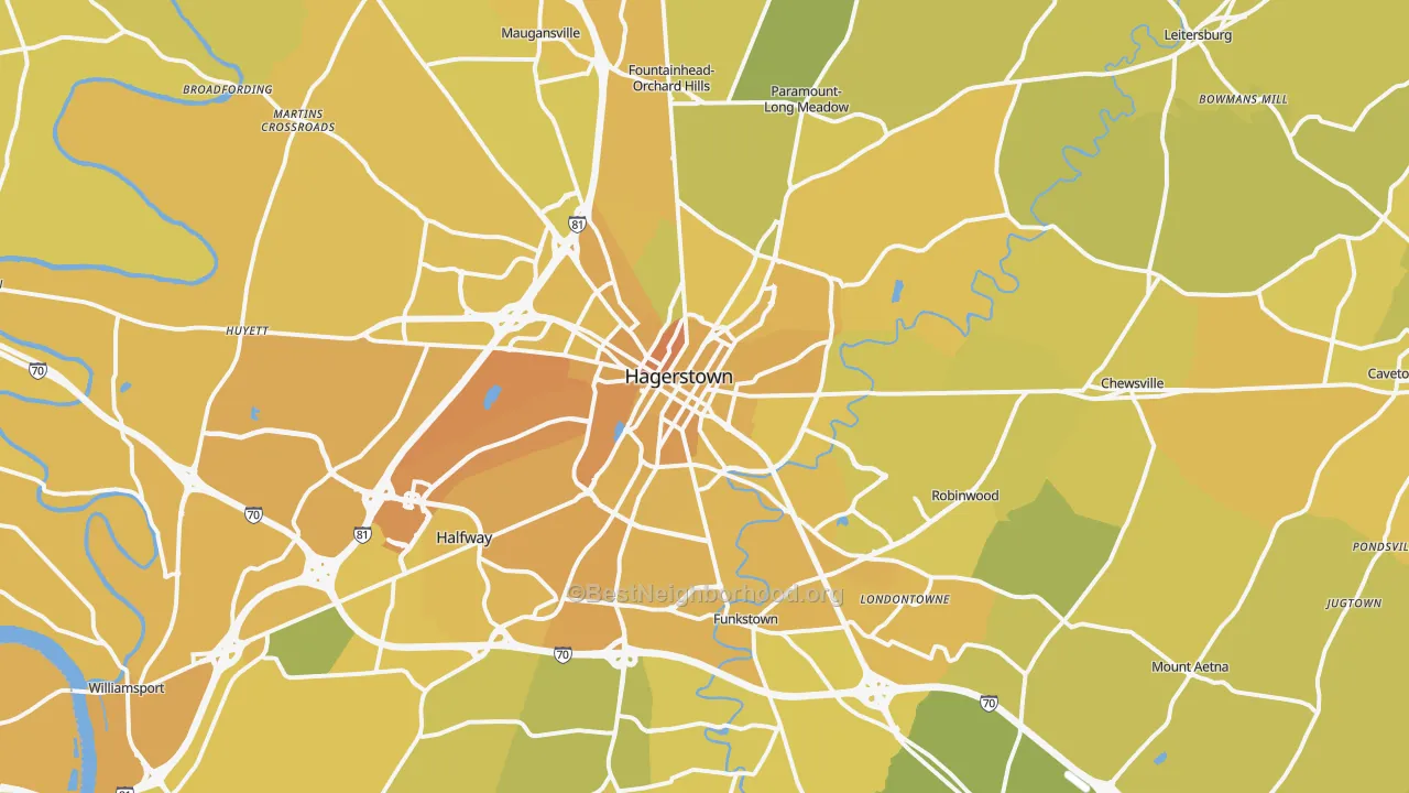 Map of the best neighborhoods in the Hagerstown Metro area, with better matches in green and worse matches in red